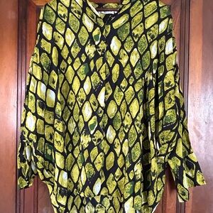 Relaxed Black Blouse with Yellow-Green Abstract Print